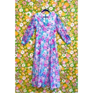 Vintage 70s Vintage Watercolor Floral Boho Gown Prom Maxi Dress